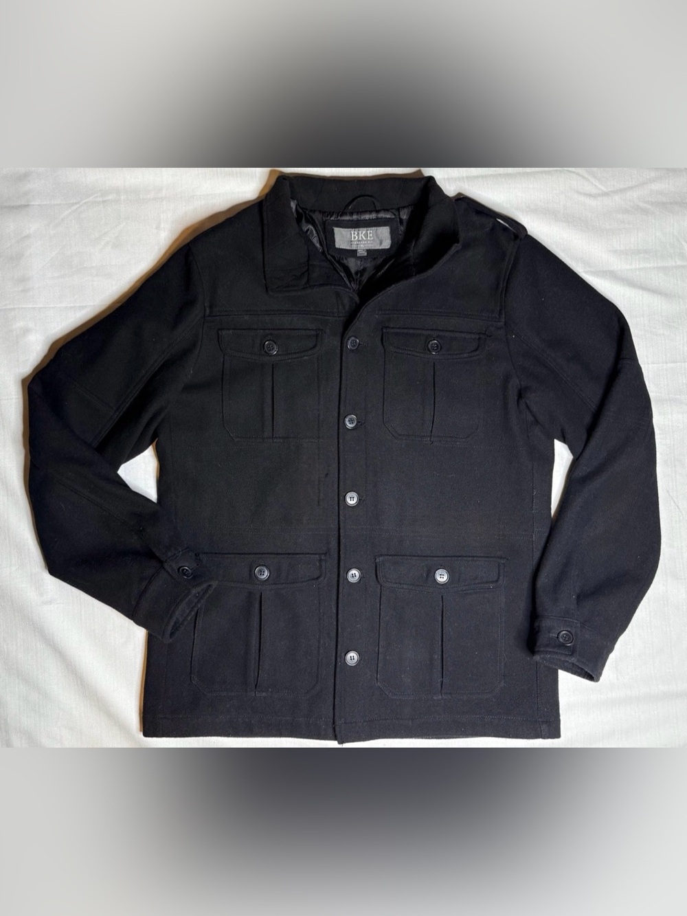 BKE Buckle Jacket Mens XL Black Wool Blend Coat  Standard Fit Button Up